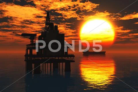 Sea Oil Platform and Tanker in the Sunset 3D render Stock Illustration