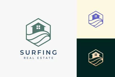 Sea or beach theme real estate logo in simple line and hexagon shape Stock Illustration