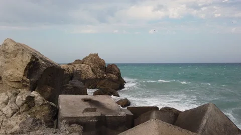 Sea or ocean. Big waves, white foam. Rocky seashore. Stock Footage 138520308