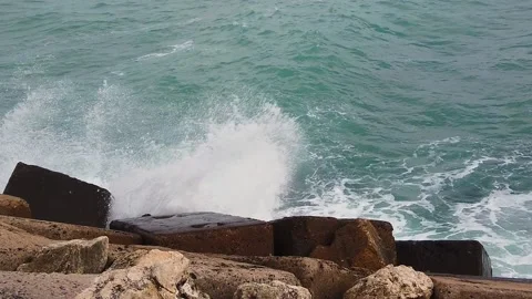 Sea or ocean. Big waves, white foam. Rocky seashore. Stock Footage 138520845