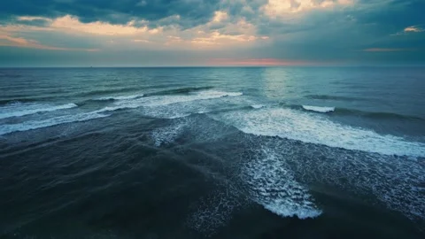 Sea or Ocean Dramatic Seascape Panorama in dark blue moody colors Stock Footage 149620417