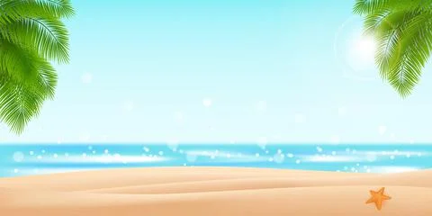Sea panorama, Tropical beach vector background. Palm leaves sand and sea vector Stock Illustration