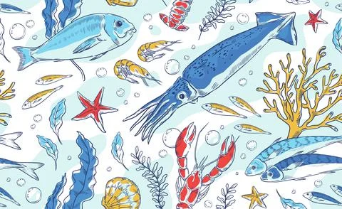 Sea pattern. Coral shell, lobster fish on summer tropical animal print Stockillustratie
