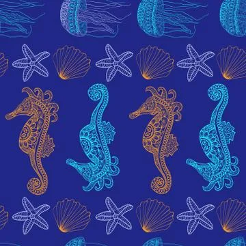 Sea pattern with horizontal stylized composition of underwater starfish jelly Illustrazione stock