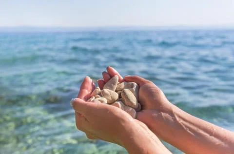 Sea pebbles in the hand. Stock Photos
