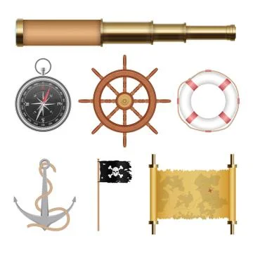 Sea pirate objects set vector illustration isolated on white background Stock Illustration