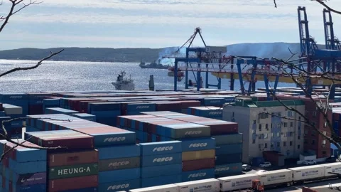 Sea port and container docks - Vladivostok, Russia Stock Footage 304997539