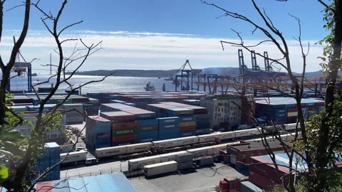 Sea port and container docks - Vladivostok, Russia Stock Footage 304997545