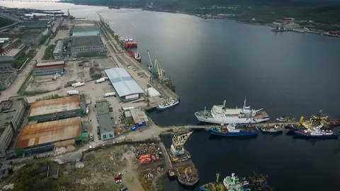 Sea Port Top View. Different Size Boats Staying in Bay. Heavy Crane Moving. Stock Footage 73924412