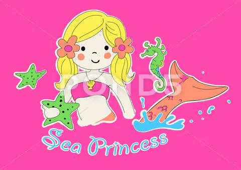 Sea princess mermaid swimming with seahorse Stock Illustration
