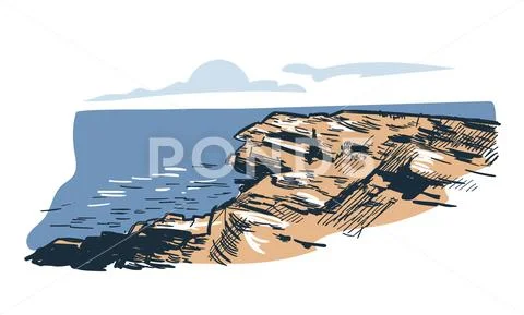 Sea rock cliff vector sketch landscape line illustration skyline Stock Illustration