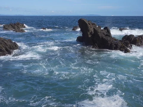 Sea rocks and strong waves, Jogashima island, Miura Peninsula, Japan Stock-Footage 80618723