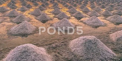 Sea salt farm in Thailand. Organic sea salt. Evaporation and crystallization Stock Photos