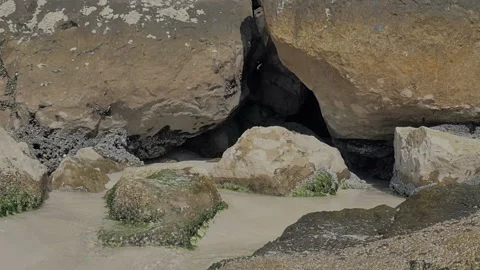 The sea sandy shore with splashes of waves on the rocks. Stock-Footage 86227702