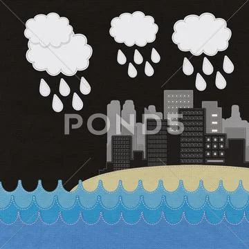 Sea scape and city with stitch style on fabric background Stock Illustration