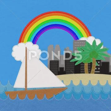 Sea scape and city with stitch style on fabric background Stock Illustration