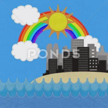 Sea scape and city with stitch style on fabric background Stock Illustration