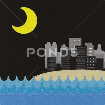 Sea scape and city with stitch style on fabric background Stock Illustration