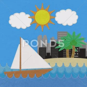 Sea scape and city with stitch style on fabric background Stock Illustration