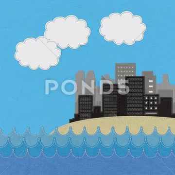 Sea scape and city with stitch style on fabric background Stock Illustration