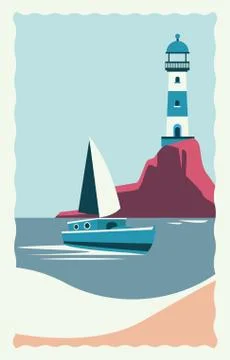 Sea scape flat scene with lighthouse and sailboat Stock Illustration
