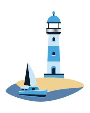 Sea scape flat scene with lighthouse and sailboat Stock Illustration