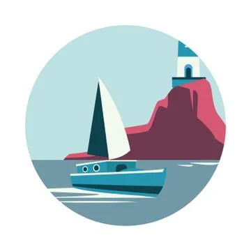 Sea scape flat scene with lighthouse and sailboat Stock Illustration