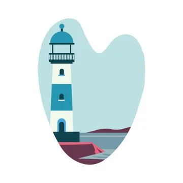 Sea scape flat scene with lighthouse Stock Illustration