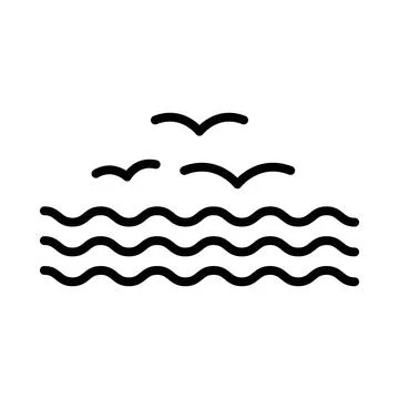 Sea with seagull icon linear logo mark in black and white Illustration