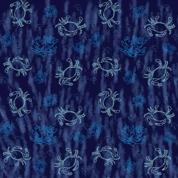 Sea seamless pattern with  blue crab, coral and seaweeds. Stock Illustration