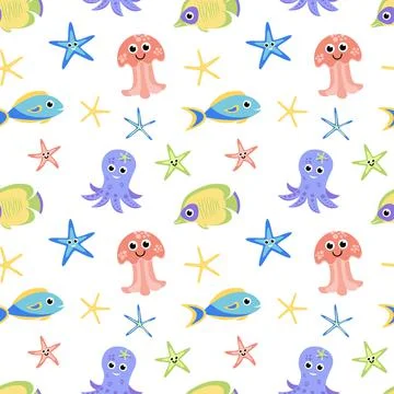 Sea seamless pattern with cartoon fish, finger fish, octopus, jellyfish. Flat Illustrazione stock