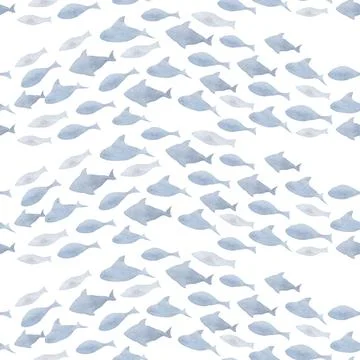 Sea Seamless Pattern with Fish navy Shoal on isolated white background. Hand Stock Illustration