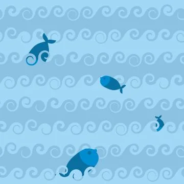 Sea seamless pattern. Fish in waves. Texture of marine life. Blue Ocean with  Stock Illustration