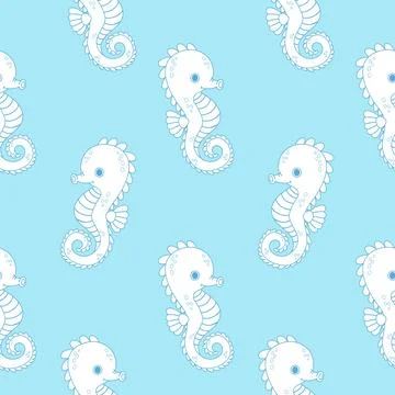 Sea Seamless Pattern. Outline Cute Seahorse sea animal on blue Background. .. Stock Illustration