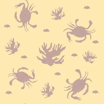 Sea seamless pattern with pink crab and coral on a yellow background. Stock Illustration