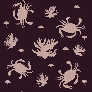 Sea seamless pattern with pink crab and coral. Stock Illustration