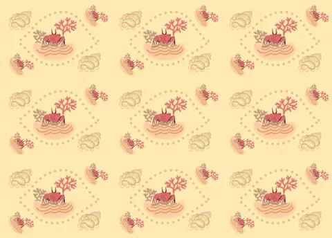 Sea seamless pattern with red crab  on send, seashells and coral. Illustrazione stock