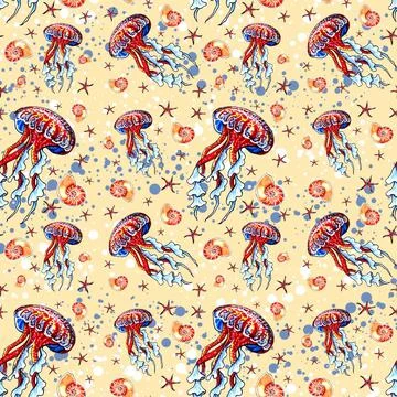 Sea seamless pattern with red  jellyfish, starfish, seashell and splashes. Stock Illustration