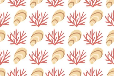 Sea seamless pattern with seashell and coral branch vector illustration on white Illustrazione stock