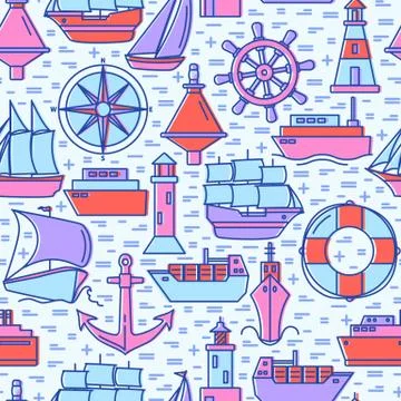Sea seamless pattern with ship icons in colored line style Stock Illustration