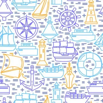 Sea seamless pattern with ship icons in line style Stock Illustration