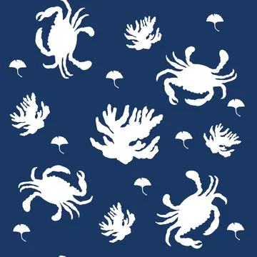 Sea seamless pattern with white  crab and coral.  JPEG  illustration . Stock Illustration