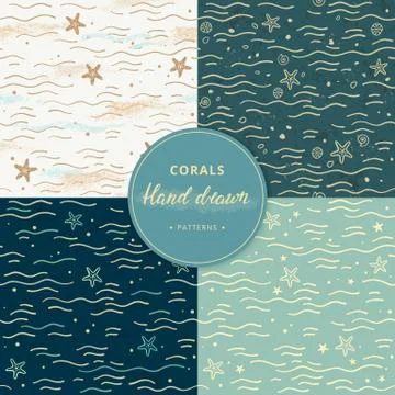 Sea seamless patterns with corals. Hand-drawn collection of marine seamless Stock Illustration