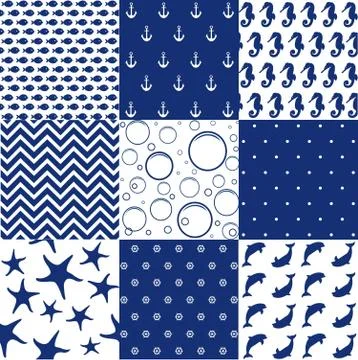 Sea seamless patterns, nautical design, marine elements Stock Illustration
