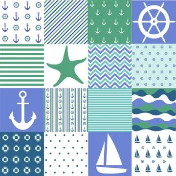 Sea seamless patterns, nautical design, marine elements Stock Illustration