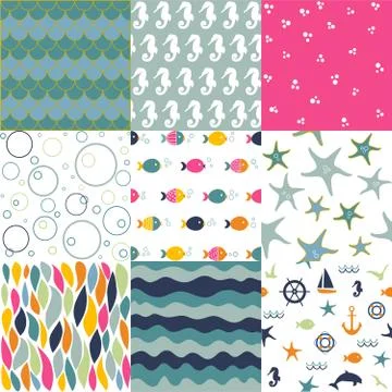 Sea seamless patterns, nautical design, marine elements Stock Illustration