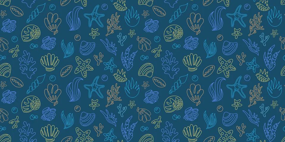 Sea seashell seamless pattern. Ocean nature. Line starfish and seaweeds. Doodle 스톡 일러스트