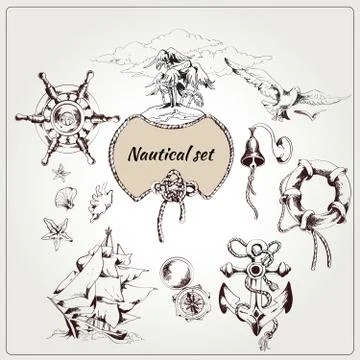 Sea set of nautical design elements Stock Illustration