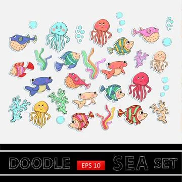 Sea set.Scrapbook set.Sticker. Stock Illustration