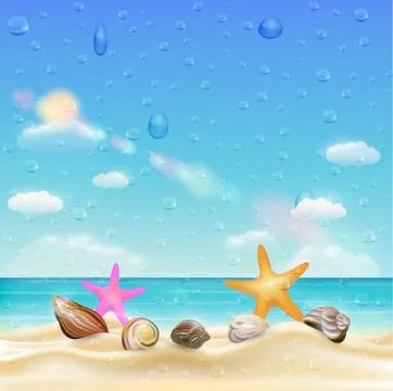 Sea shell and starfish on a sand beach with water drop on screen Stock Illustration